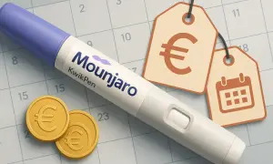 Mounjaro KwikPen na tle kalendarza z monetami euro i metkami cenowymi. Szukasz, gdzie najtaniej kupić Mounjaro?