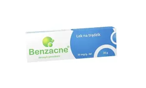 Opakowanie leku Benzacne na trądzik, zawierające żel z nadtlenkiem benzoilu.