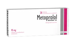 Opakowanie leku Metoprolol 95 mg, zawierające 28 tabletek o przedłużonym uwalnianiu.