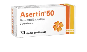Opakowanie leku Asertin 50 mg, zawierające 30 tabletek powlekanych z sertraliną.