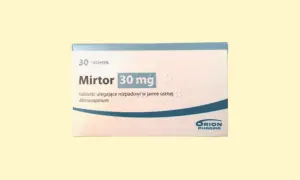 Opakowanie leku MirtoR 30 mg, zawierające tabletki ulegające rozpadowi w jamie ustnej. Substancją czynną jest mirtazapina.