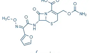 Struktura chemiczna cefuroksymu, antybiotyku znanego jako Zinnat.