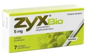 Opakowanie leku ZYX Bio 5 mg, zawierające 7 tabletek powlekanych. Pomaga w walce z alergią.