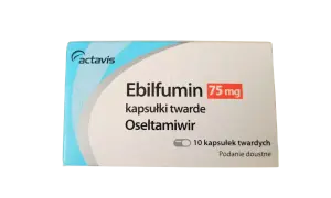 Opakowanie leku Ebilfumin 75 mg, zawierającego oseltamiwir w kapsułkach twardych. 10 kapsułek do podania doustnego.