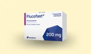 Opakowanie leku Flucofast 200 mg, zawierające 7 kapsułek twardych. Producent: Medana.