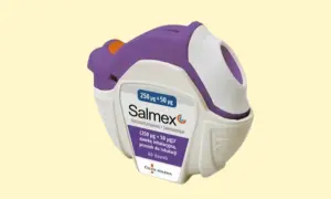 Fioletowo-biały inhalator Salmex, zawierający proszek do inhalacji, z widocznym napisem "Salmex" i informacją o dawce.