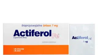 Opakowanie Actiferol Fe 7 mg, suplementu diety z bioprzyswajalnym żelazem dla niemowląt i dzieci, zawiera 30 saszetek.