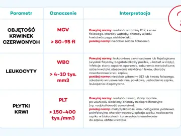Tabela parametrów hematologicznych: objętość krwinek czerwonych (MCV), leukocyty (WBC) i płytki krwi (PLT) z ich normami i interpretacją.