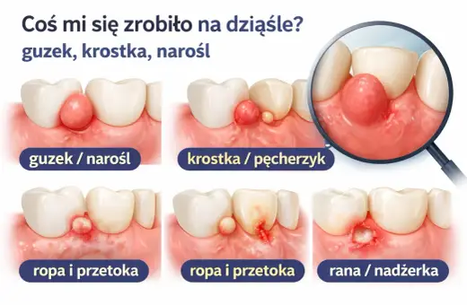 Ilustracja pokazuje różne stadia ropnia na dziąśle: guzek, krostkę, ropę i ranę.