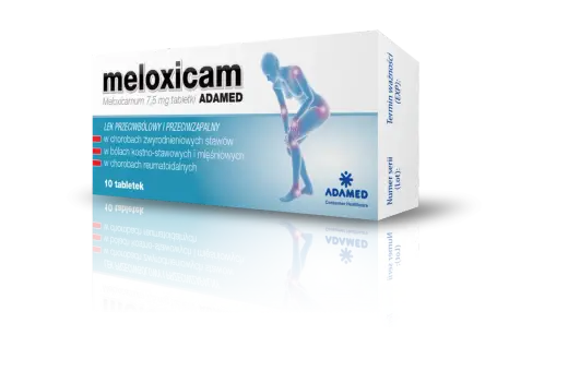 Opakowanie leku meloxicam 7,5 mg, łagodzącego ból i stany zapalne stawów i mięśni. 10 tabletek.