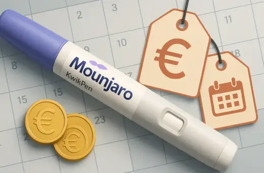 Mounjaro KwikPen na tle kalendarza z monetami euro i metkami cenowymi. Szukasz, gdzie najtaniej kupić Mounjaro?