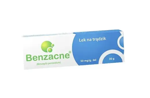 Opakowanie leku Benzacne na trądzik, zawierające żel z nadtlenkiem benzoilu.