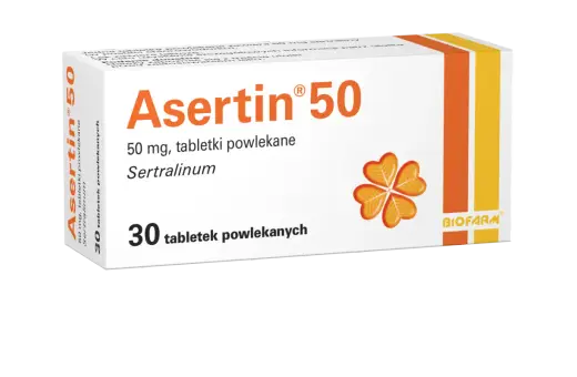 Opakowanie leku Asertin 50 mg, zawierające 30 tabletek powlekanych z sertraliną.