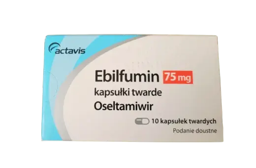 Opakowanie leku Ebilfumin 75 mg, zawierającego oseltamiwir w kapsułkach twardych. 10 kapsułek do podania doustnego.