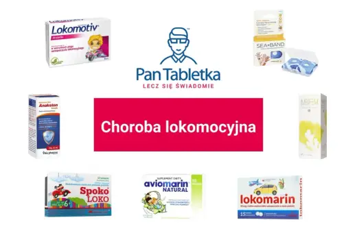 Produkty na chorobę lokomocyjną: Lokomotiv, Anaketon, Spoko Loko, Aviomarin, Lokomarin, Sea-Band.