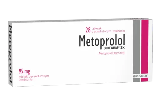 Opakowanie leku Metoprolol 95 mg, zawierające 28 tabletek o przedłużonym uwalnianiu.