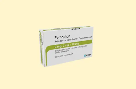 Opakowanie leku Femoston, zawierające 28 tabletek powlekanych. Zawiera estradiol i dydrogesteron.