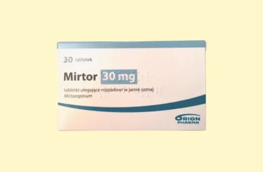 Opakowanie leku MirtoR 30 mg, zawierające tabletki ulegające rozpadowi w jamie ustnej. Substancją czynną jest mirtazapina.