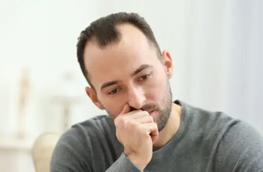 Mężczyzna zamyślony, z ręką przy ustach. Może zastanawia się nad lekami, np. sertranorm.