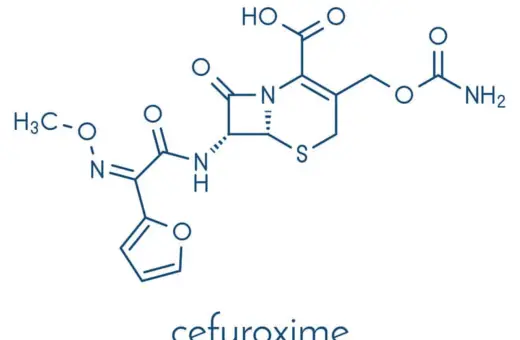Struktura chemiczna cefuroksymu, antybiotyku znanego jako Zinnat.