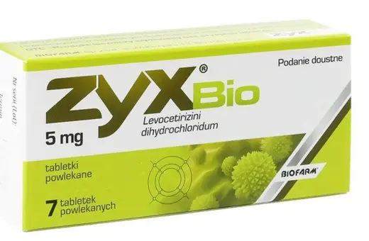 Opakowanie leku ZYX Bio 5 mg, zawierające 7 tabletek powlekanych. Pomaga w walce z alergią.