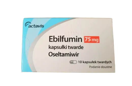 Opakowanie leku Ebilfumin 75 mg, zawierającego oseltamiwir w kapsułkach twardych. 10 kapsułek do podania doustnego.