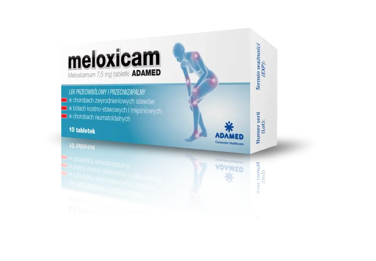 Opakowanie leku meloxicam 7,5 mg, łagodzącego ból i stany zapalne stawów i mięśni. 10 tabletek.