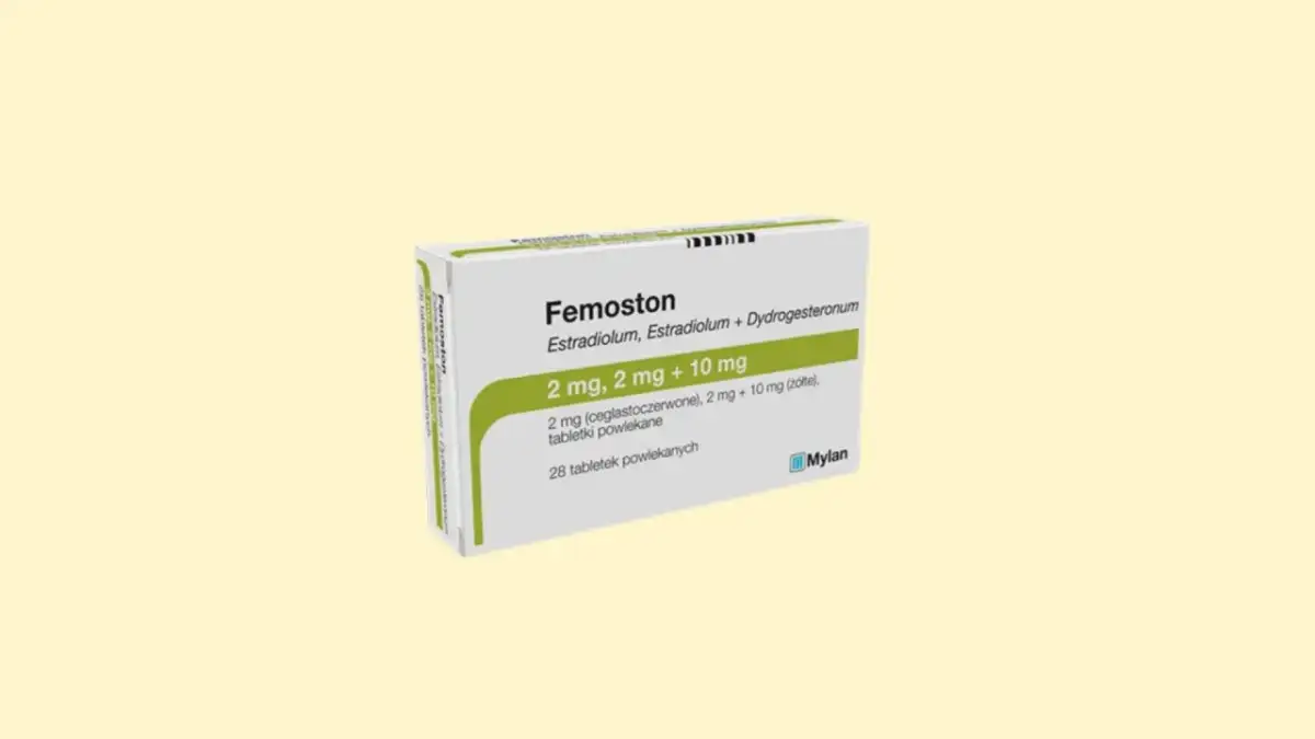 Opakowanie leku Femoston, zawierające 28 tabletek powlekanych. Zawiera estradiol i dydrogesteron.