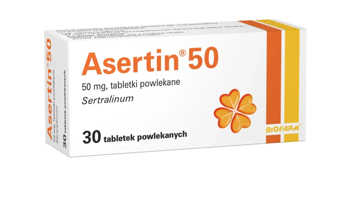 Opakowanie leku Asertin 50 mg, zawierające 30 tabletek powlekanych z sertraliną.