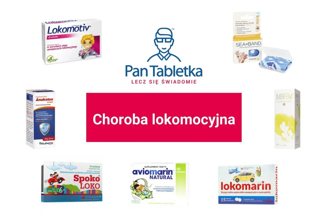 Produkty na chorobę lokomocyjną: Lokomotiv, Anaketon, Spoko Loko, Aviomarin, Lokomarin, Sea-Band.