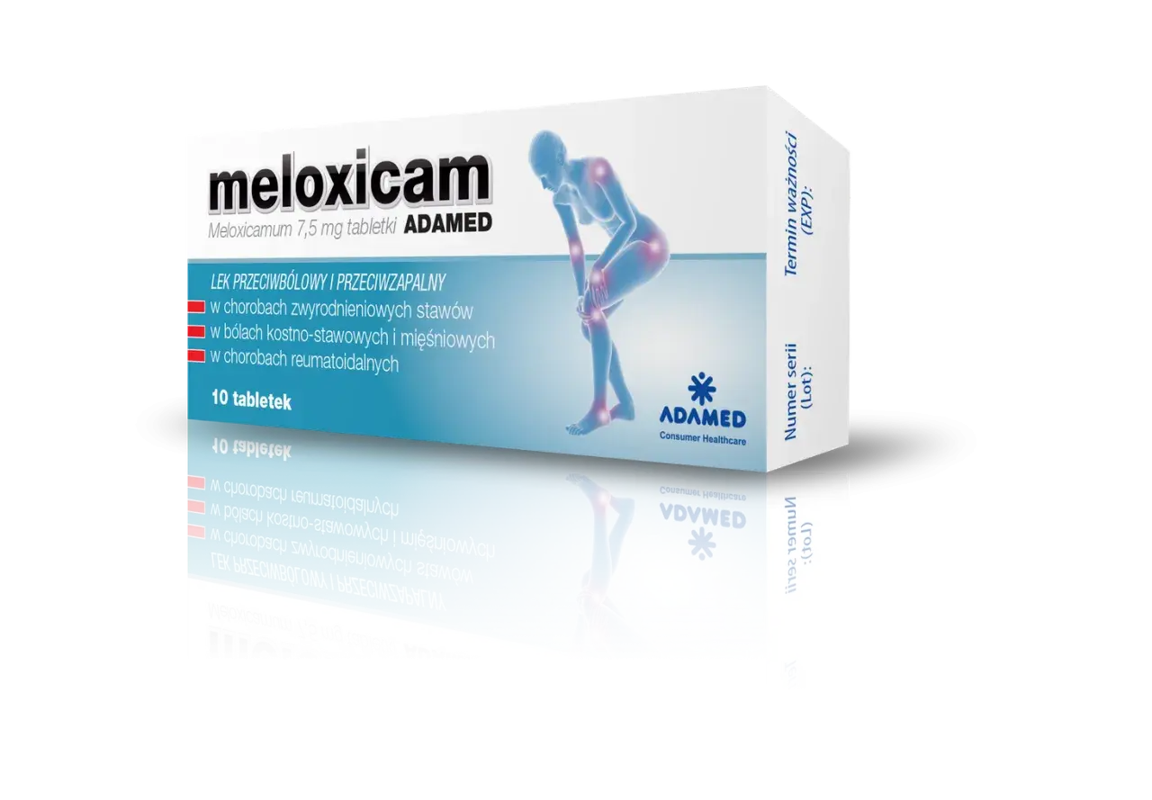 Opakowanie leku meloxicam 7,5 mg, łagodzącego ból i stany zapalne stawów i mięśni. 10 tabletek.