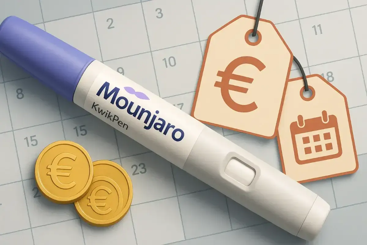 Mounjaro KwikPen na tle kalendarza z monetami euro i metkami cenowymi. Szukasz, gdzie najtaniej kupić Mounjaro?