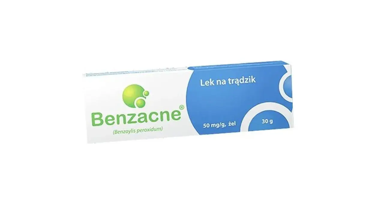 Opakowanie leku Benzacne na trądzik, zawierające żel z nadtlenkiem benzoilu.