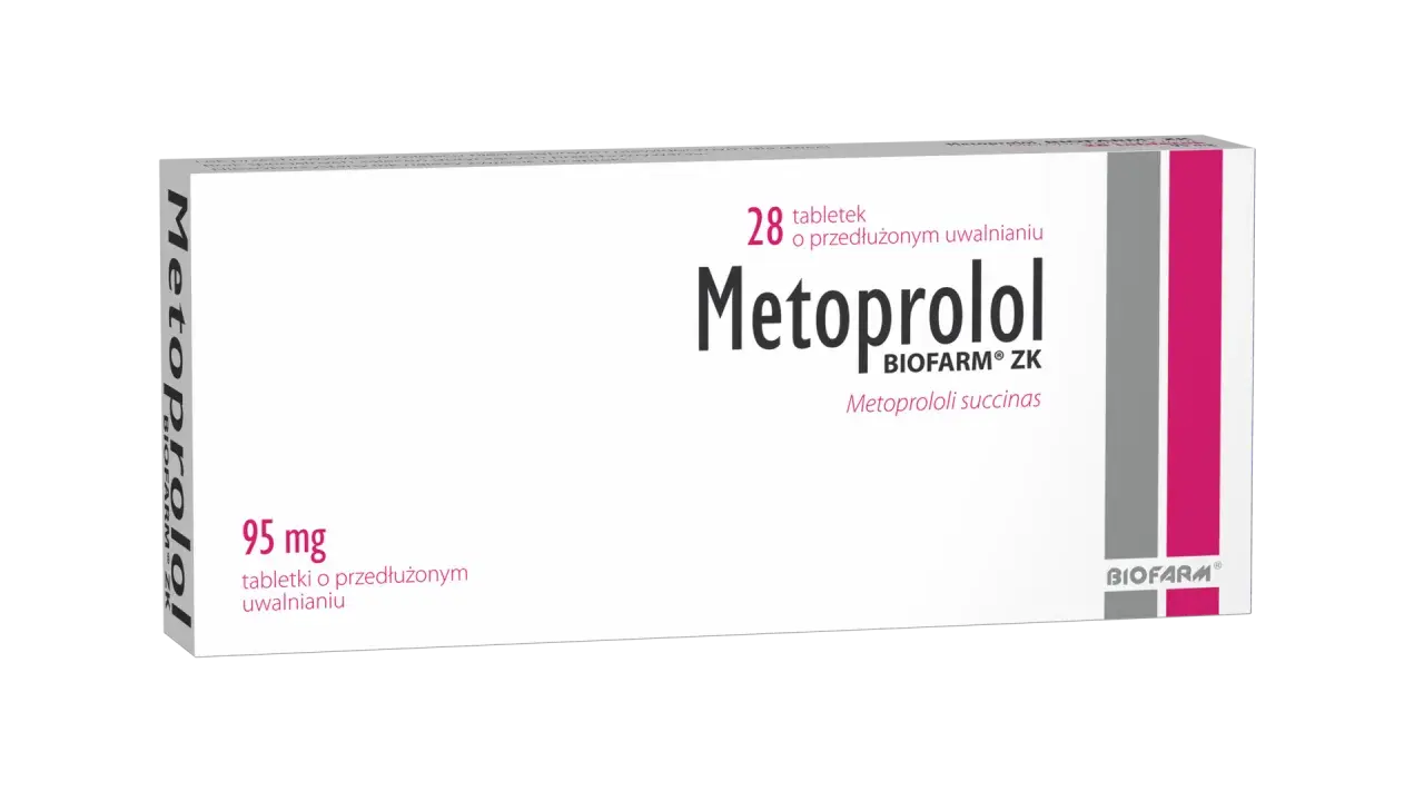 Opakowanie leku Metoprolol 95 mg, zawierające 28 tabletek o przedłużonym uwalnianiu.