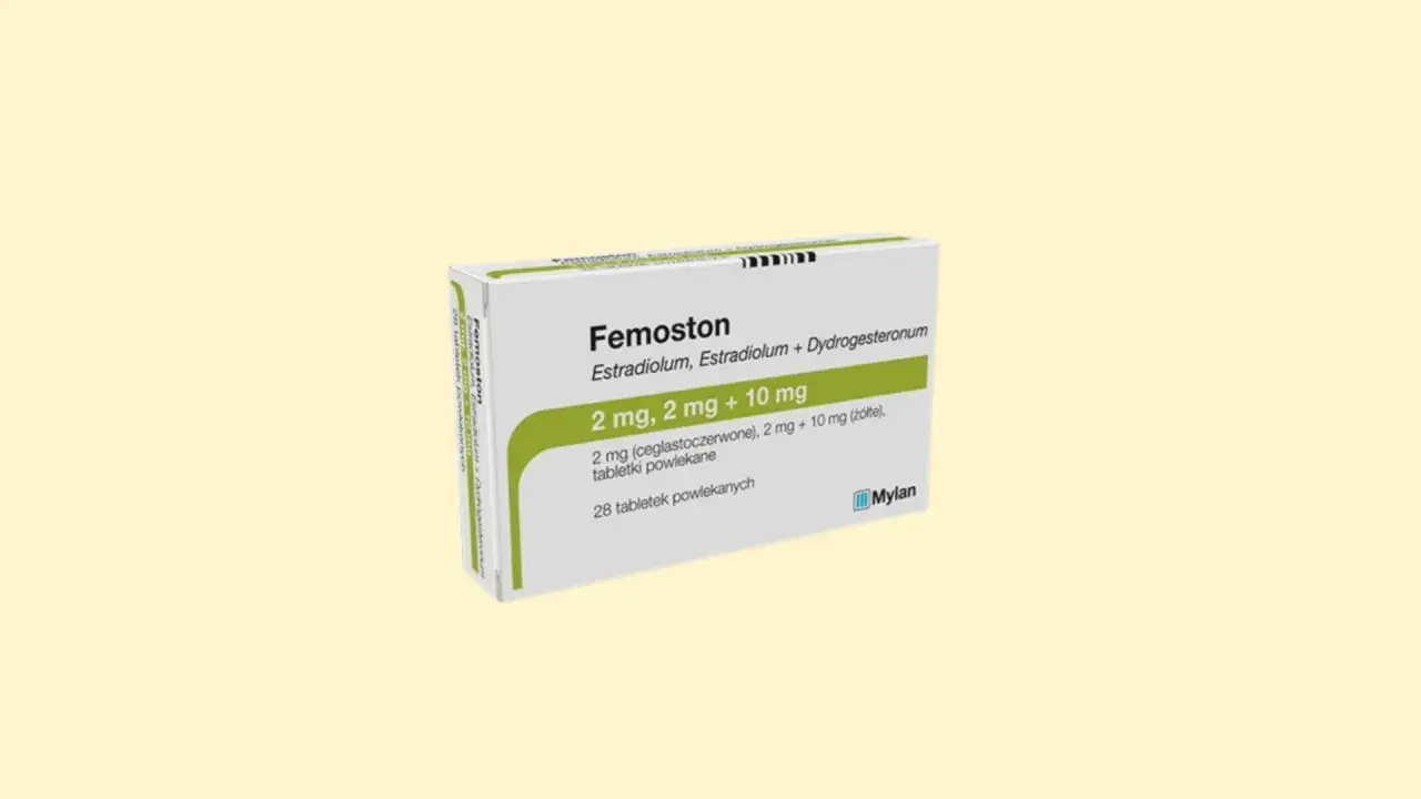 Opakowanie leku Femoston, zawierające 28 tabletek powlekanych. Zawiera estradiol i dydrogesteron.