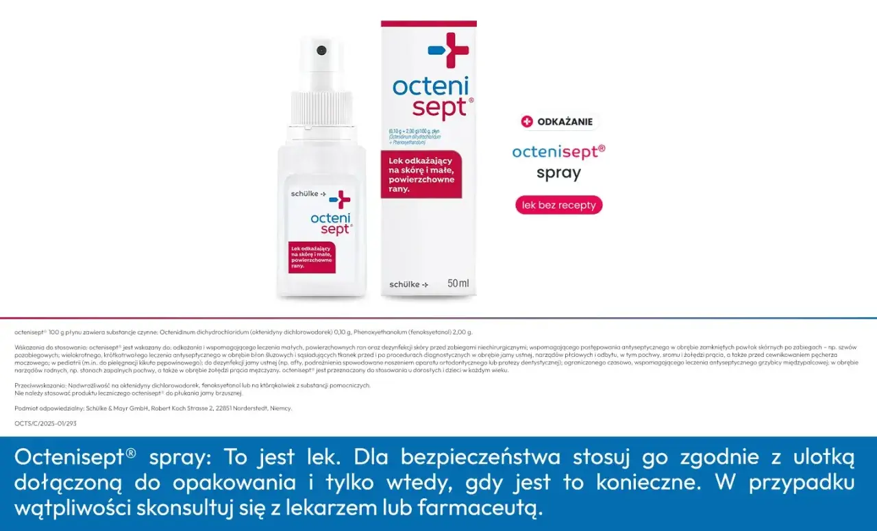 Spray Octenisept do odkażania ran i skóry. Pomocny przy zapaleniu napletka i innych infekcjach. Bez recepty.