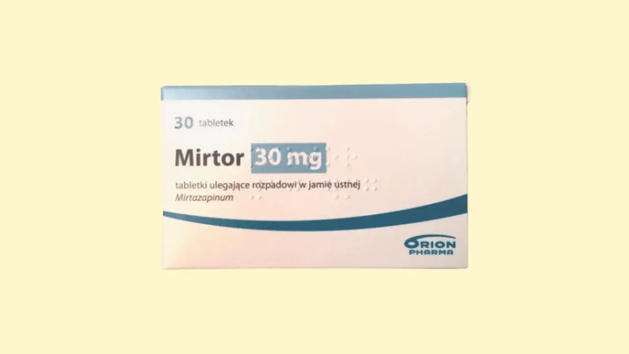 Opakowanie leku MirtoR 30 mg, zawierające tabletki ulegające rozpadowi w jamie ustnej. Substancją czynną jest mirtazapina.