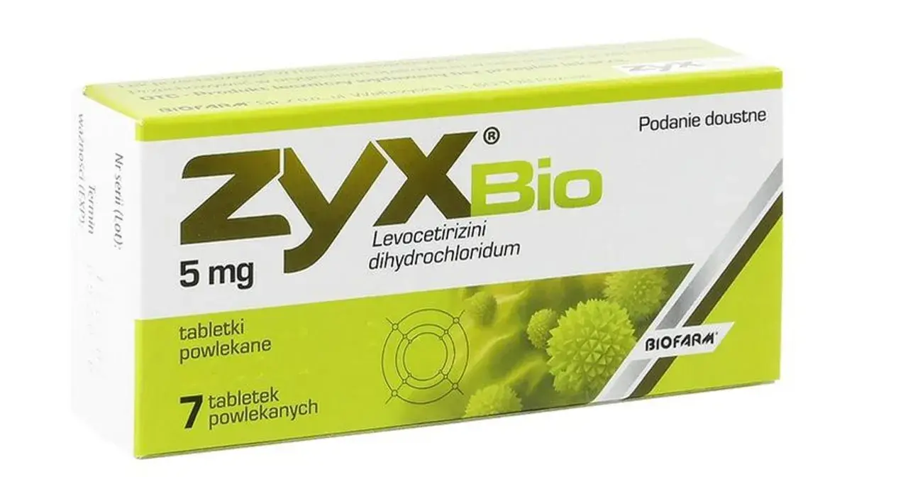 Opakowanie leku ZYX Bio 5 mg, zawierające 7 tabletek powlekanych. Pomaga w walce z alergią.