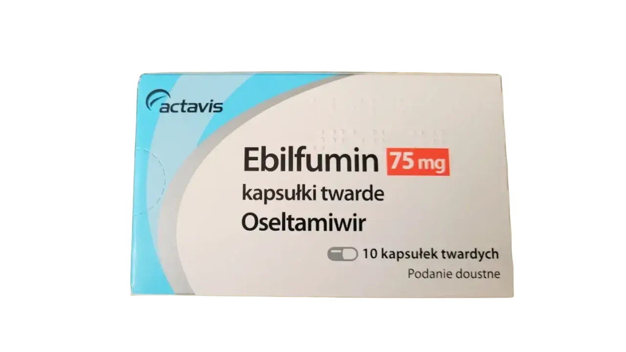 Opakowanie leku Ebilfumin 75 mg, zawierającego oseltamiwir w kapsułkach twardych. 10 kapsułek do podania doustnego.