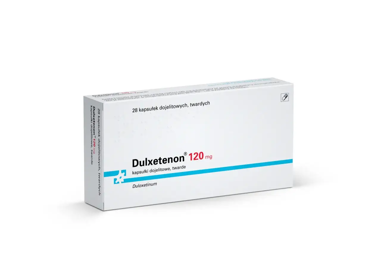 Opakowanie leku Dulxetenon 120 mg, zawierające 28 kapsułek dojelitowych.