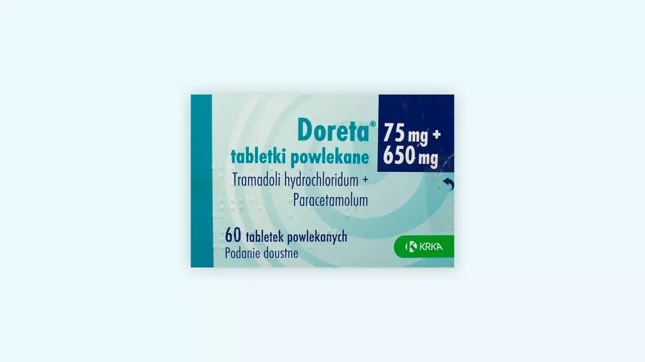 Opakowanie leku Doreta 75 mg + 650 mg, zawierające 60 tabletek powlekanych z tramadolem i paracetamolem. Idealne na palgotal ból.