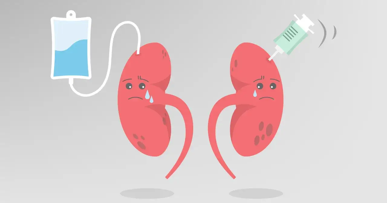 Smutne, czerwone nerki z kroplami łez. Jedna podłączona do kroplówki, druga otrzymuje zastrzyk. Ilustracja symbolizuje kłębuszkowe zapalenie nerek.